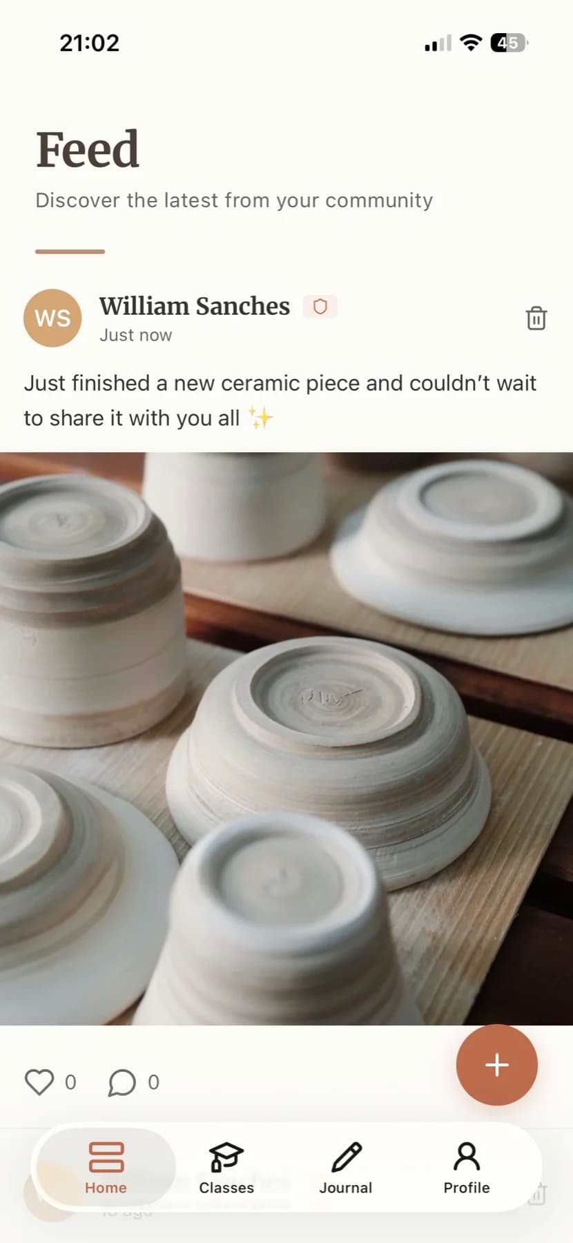 Ceramik app - Pottery class management home screen showing class schedules, student progress, and community feed