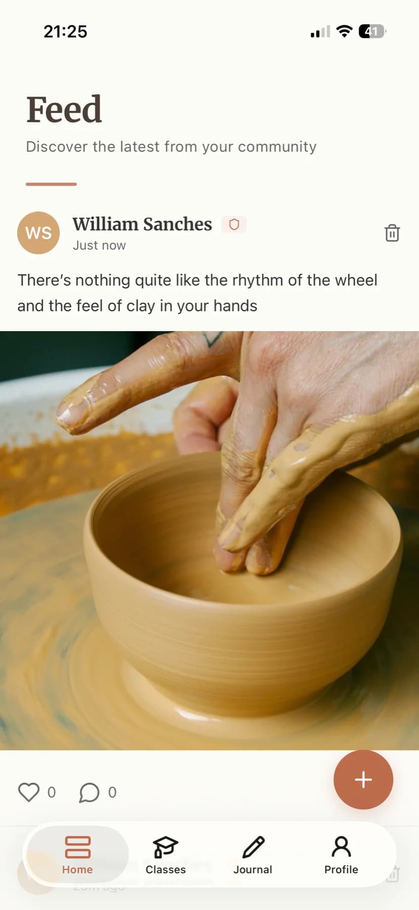 Ceramik app Home feed screen - pottery class management feature