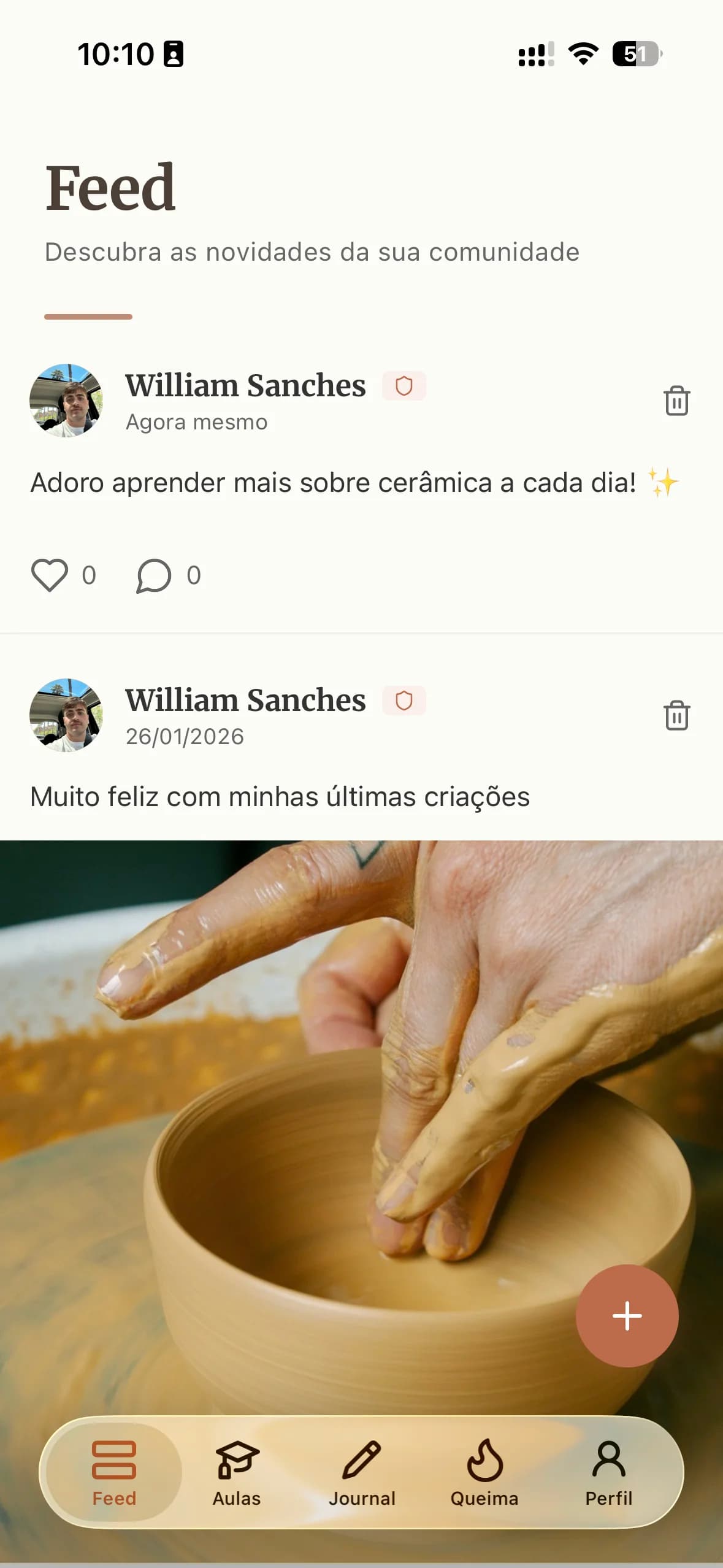 Ceramik app Feed screen - pottery class management feature