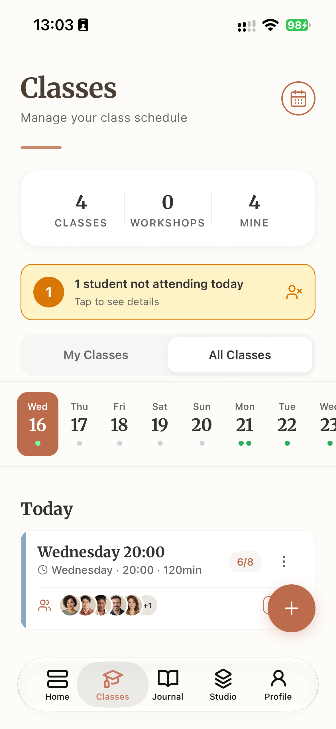 Ceramik app: Classes screen