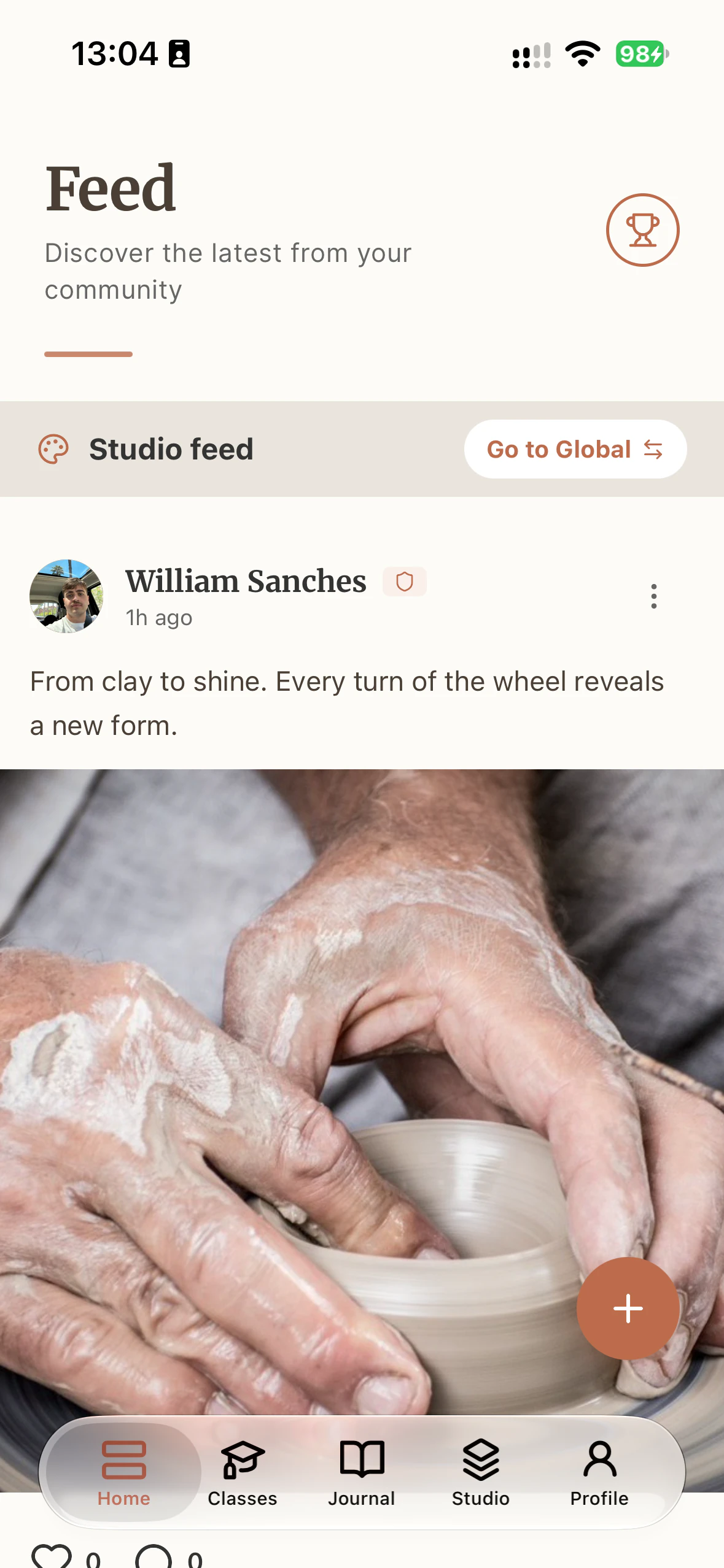 Ceramik pottery studio software showing class bookings, student progress, and the community feed
