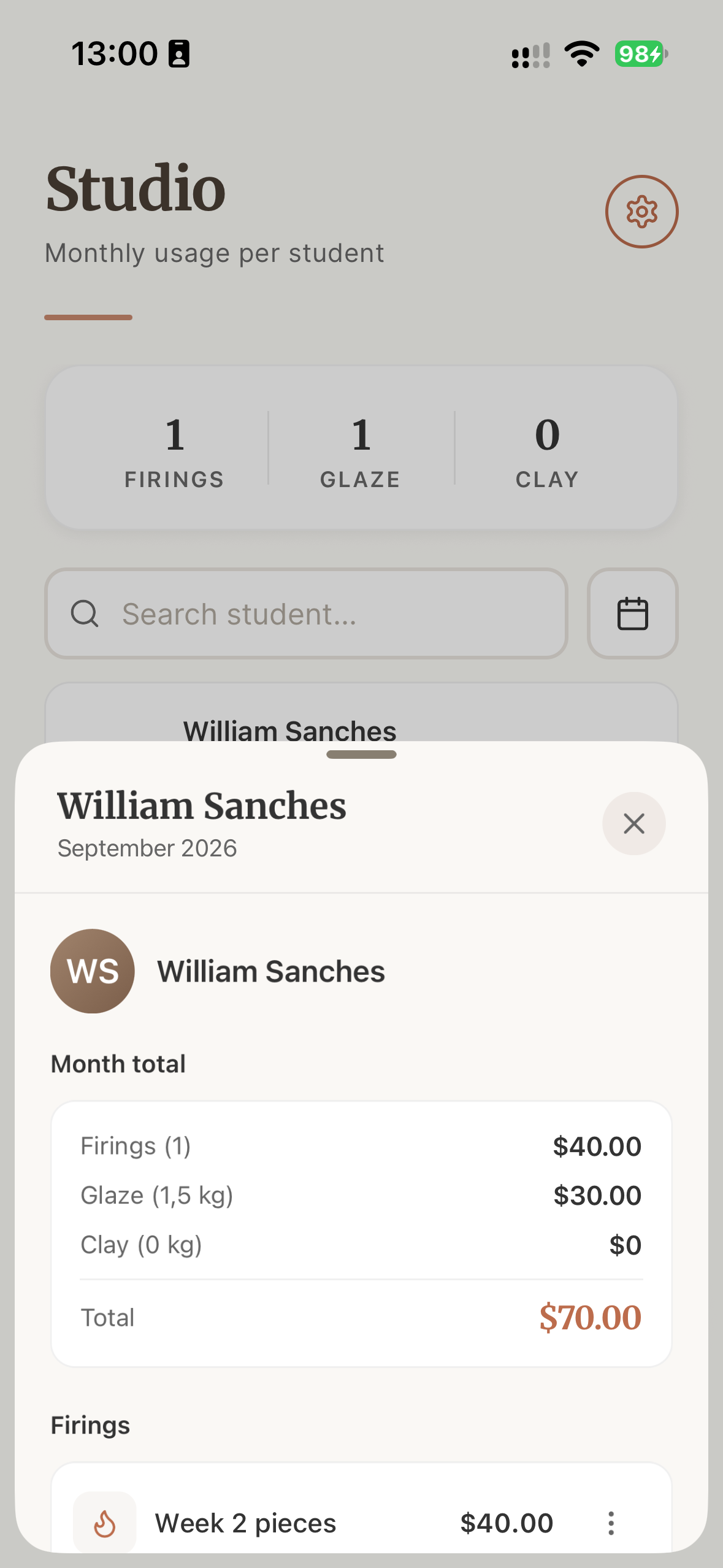 Ceramik monthly summary screen listing a student's firings, clay, and glaze entries with costs and the month total