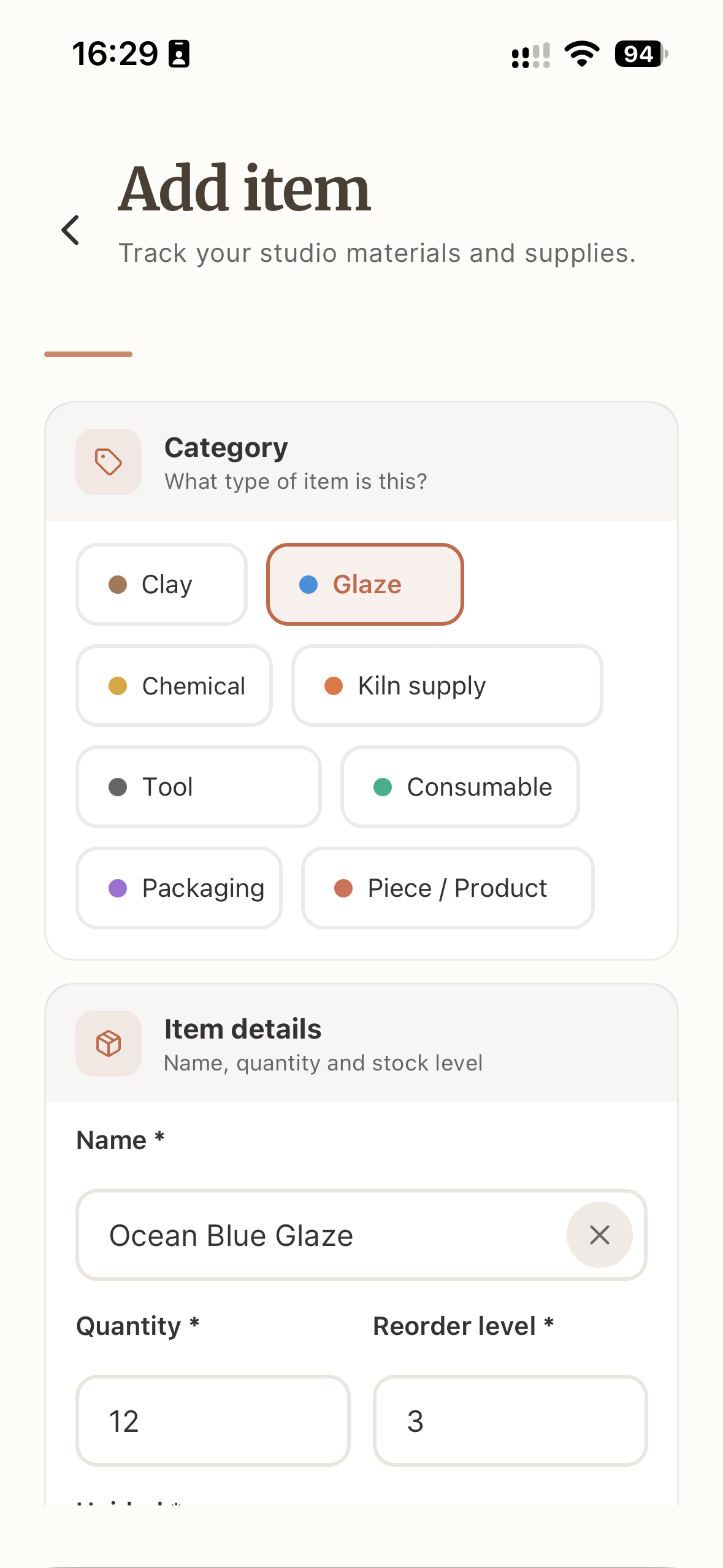 New inventory item with glaze category, name and starting quantity