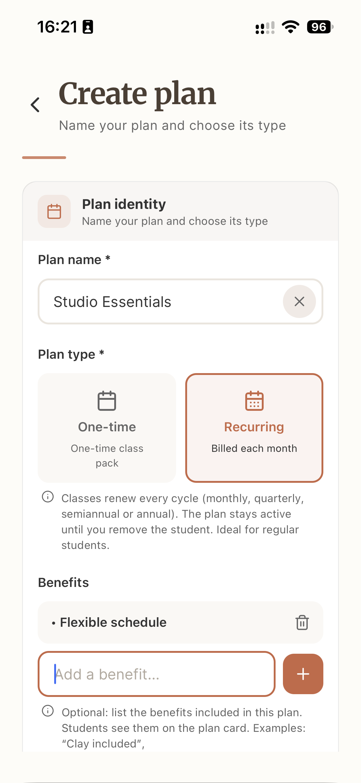 Create-plan screen with plan name, type and benefits