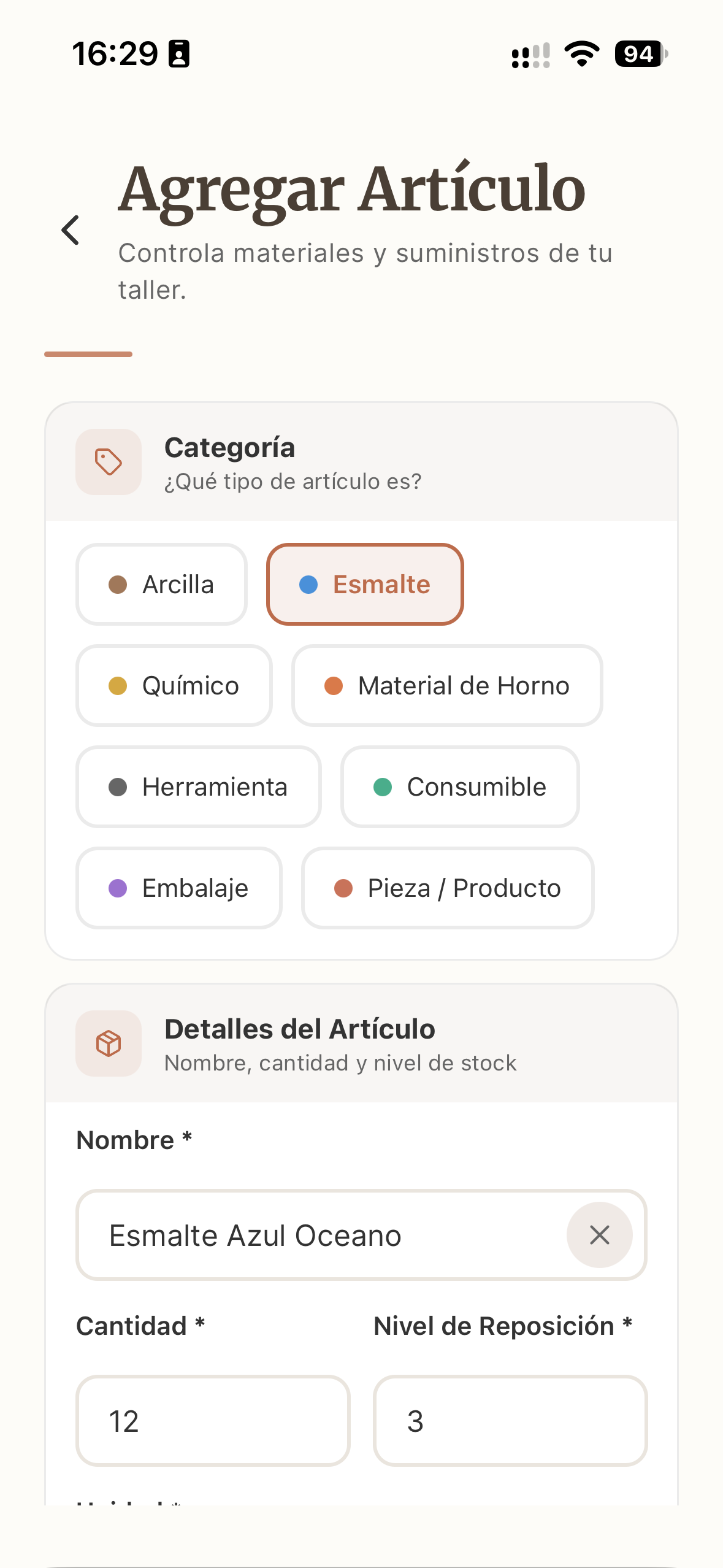 Creación de artículo con categoría esmalte, nombre y cantidad inicial